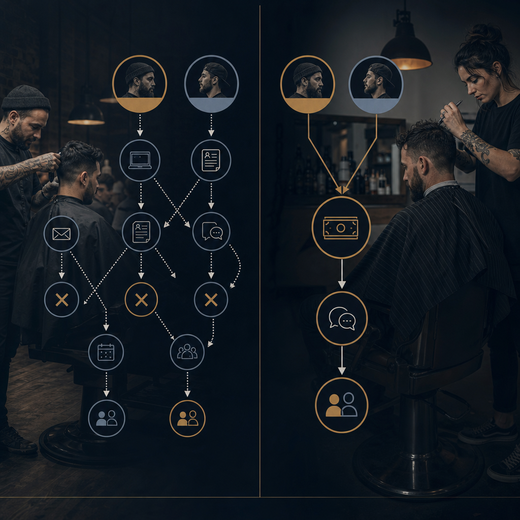 Diagram comparing a long hidden-pay hiring path with a short pay-shown-up-front path