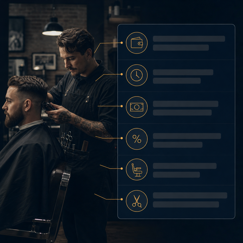 Annotated barber job listing showing pay basis, hours, commission and chair type