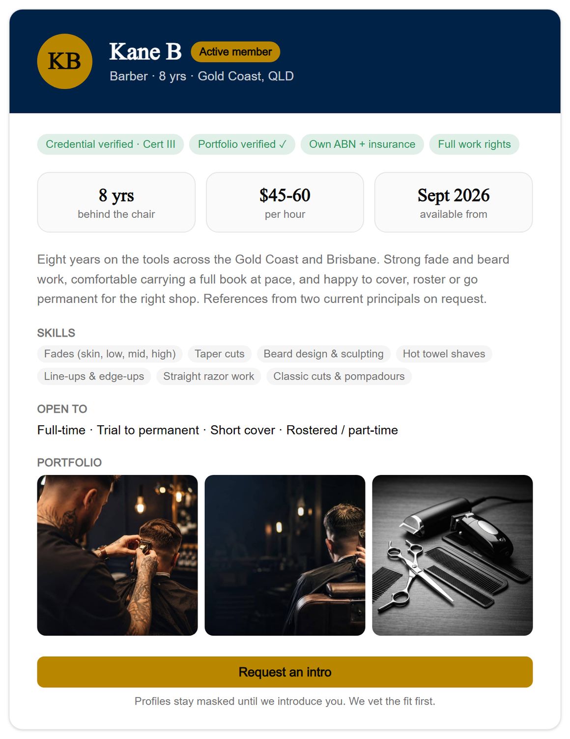 A barber profile preview: verified credentials, rates, skills, availability and portfolio