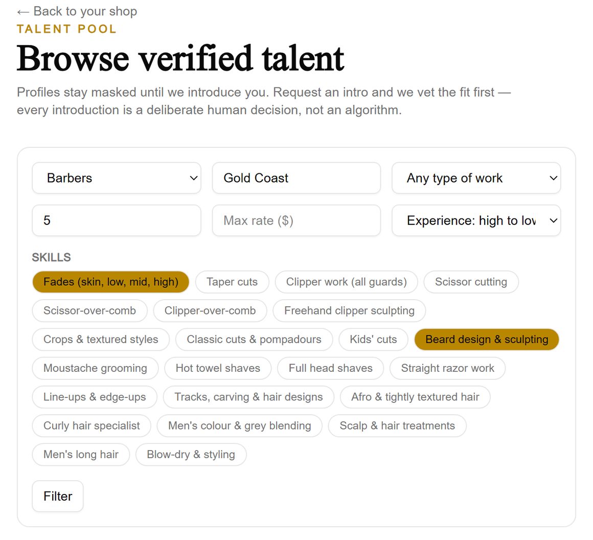 Browse verified talent: filters for discipline, city, type of work, experience and skills